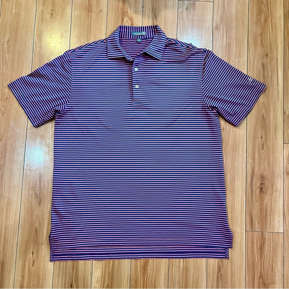 Peter Millar Polo Golf Shirt Mens Size M Gray Pink Stripe Summer Comfort UPF 50